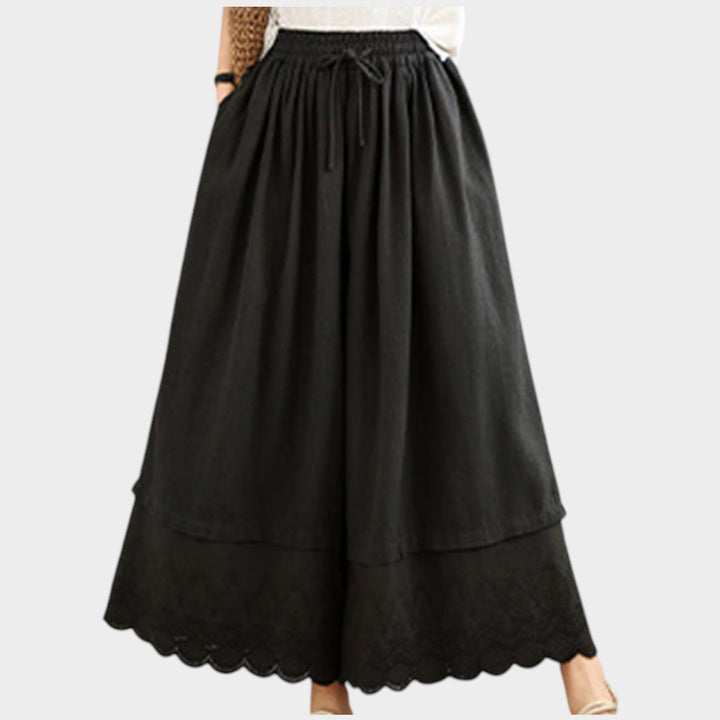Lace Hem Cotton Culottes | High Waist Wide Leg Trousers