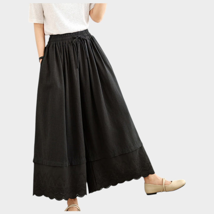 Lace Hem Cotton Culottes | High Waist Wide Leg Trousers