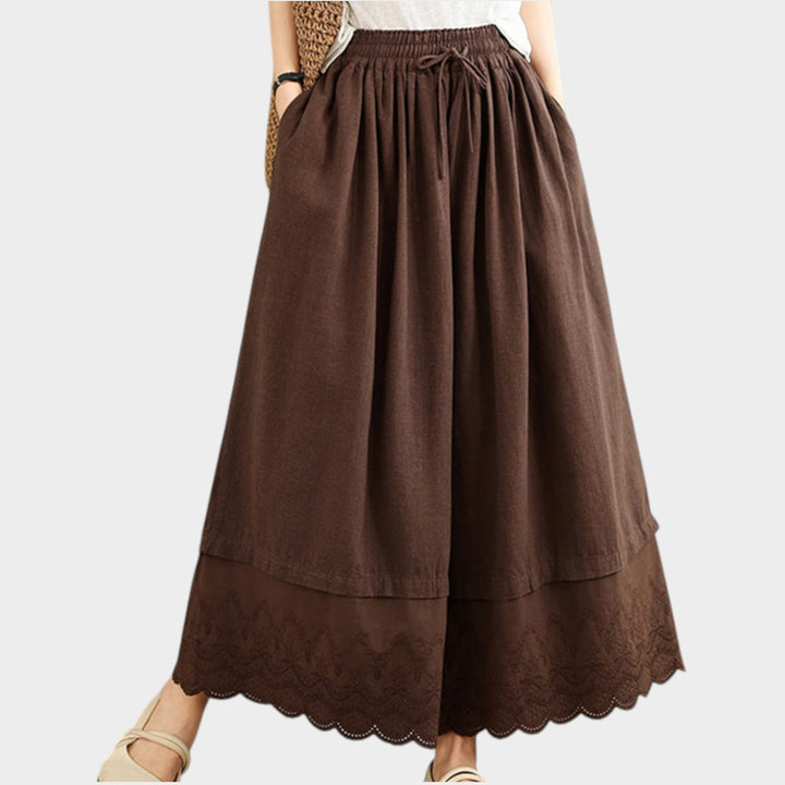 Lace Hem Cotton Culottes | High Waist Wide Leg Trousers