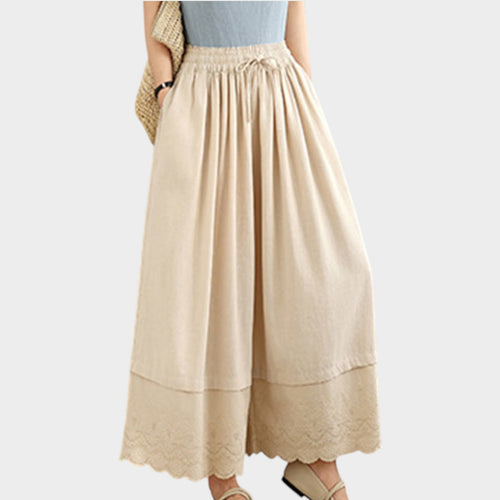 Lace Hem Cotton Culottes | High Waist Wide Leg Trousers