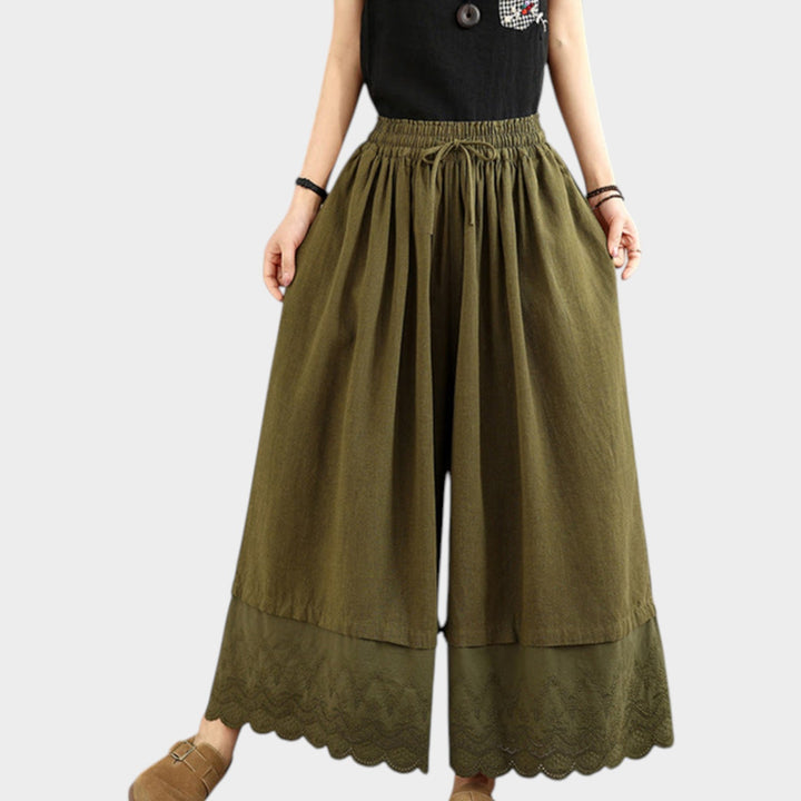 Lace Hem Cotton Culottes | High Waist Wide Leg Trousers