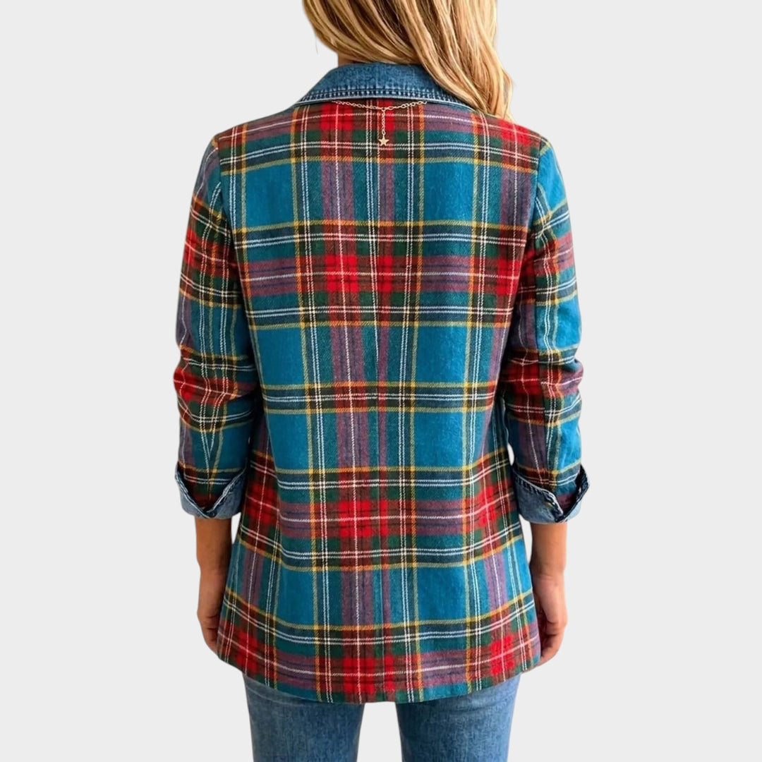 Women’s Denim Blazer Tartan Plaid Panelled Design