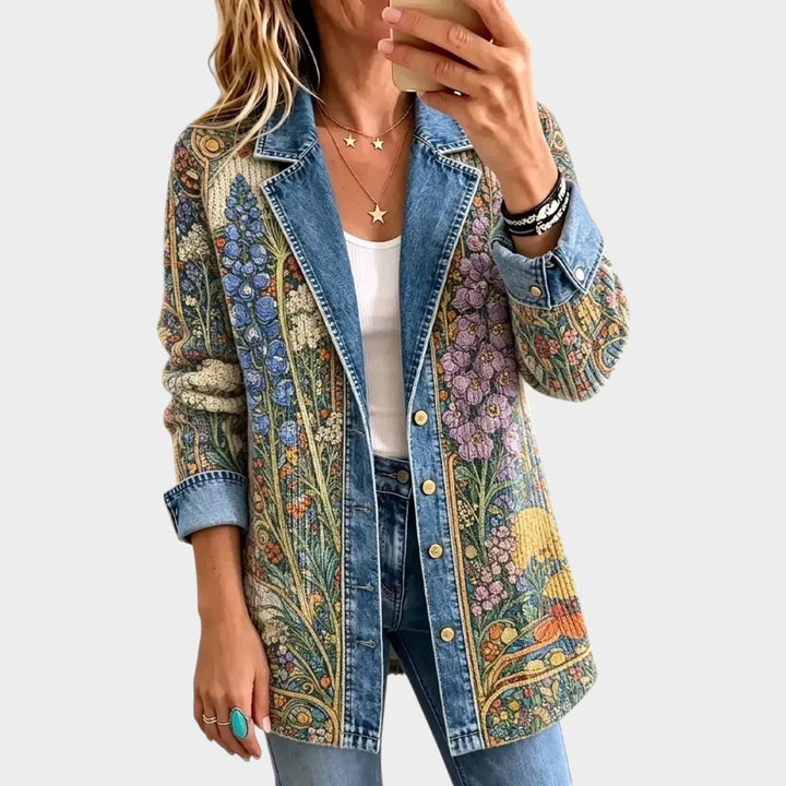 Women’s Floral Denim Jacket Vintage Print Casual Style