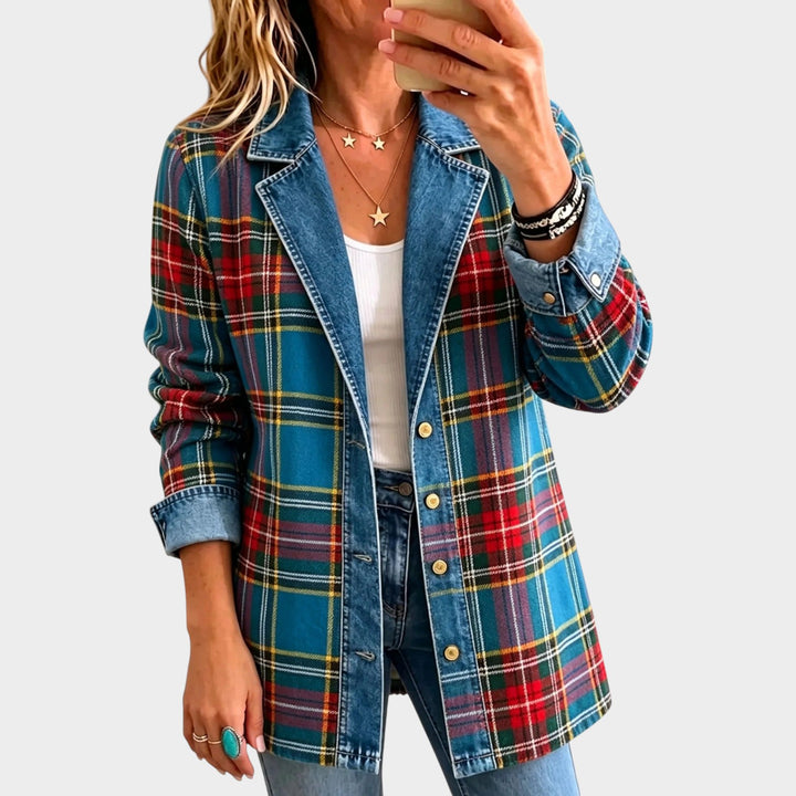 Women’s Denim Blazer Tartan Plaid Panelled Design