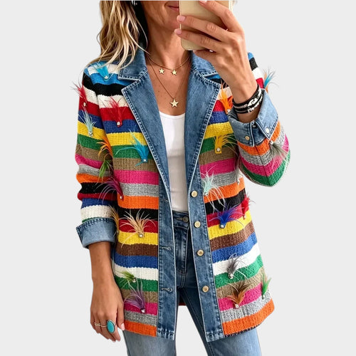 Women’s Denim Jacket Feather Print Vintage Elegant Style