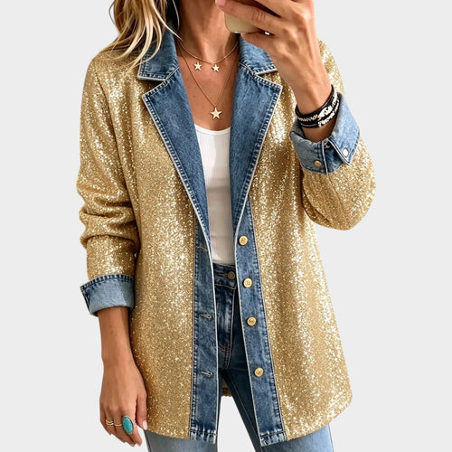 Women’s Denim Jacket Gold Glitter Detail Statement Style