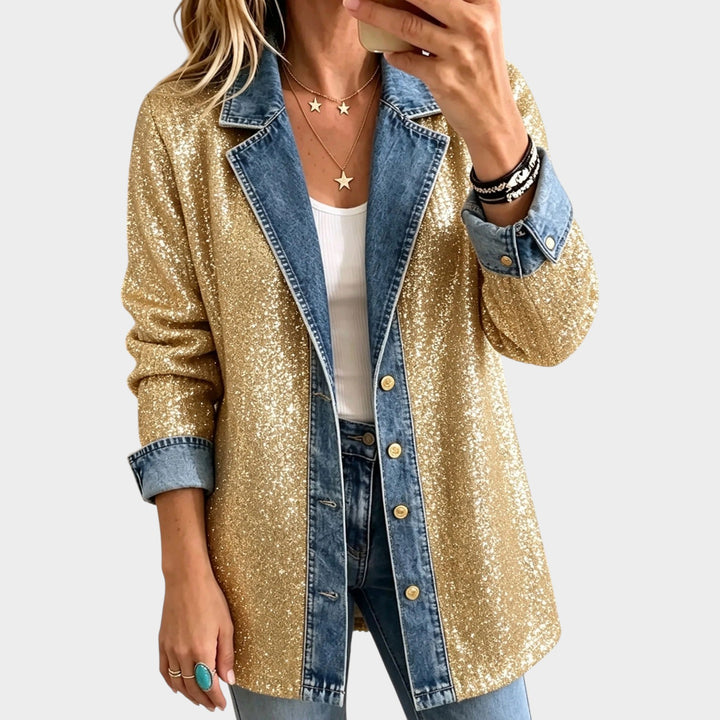 Women’s Denim Jacket Gold Glitter Detail Statement Style