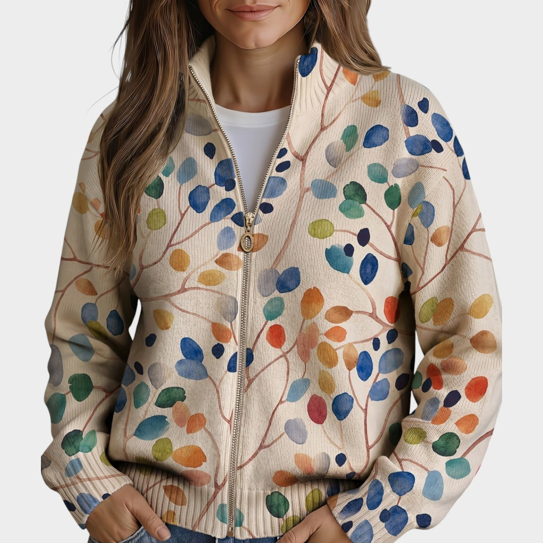 Women’s Knit Cardigan Leaf Print Zip Front