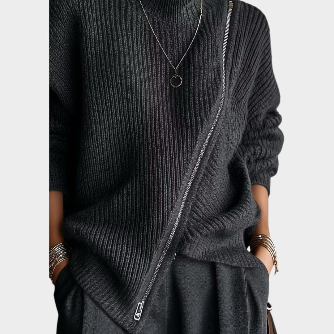 Women’s Turtleneck Knit Sweater Asymmetric Zip Front