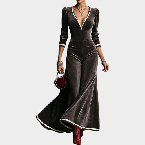 Women’s Wide Leg Jumpsuit V-Neck Contrast Trim