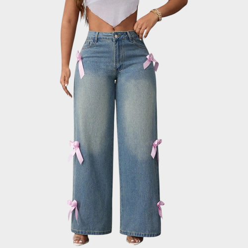 Women's Wide Leg Jeans Baggy Fit Bow Detail
