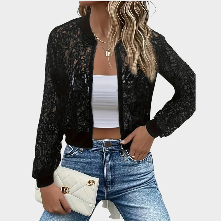 Women’s Bomber Jacket Sheer Lace Cropped Floral Design