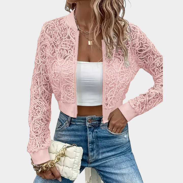 Women’s Bomber Jacket Sheer Lace Cropped Floral Design