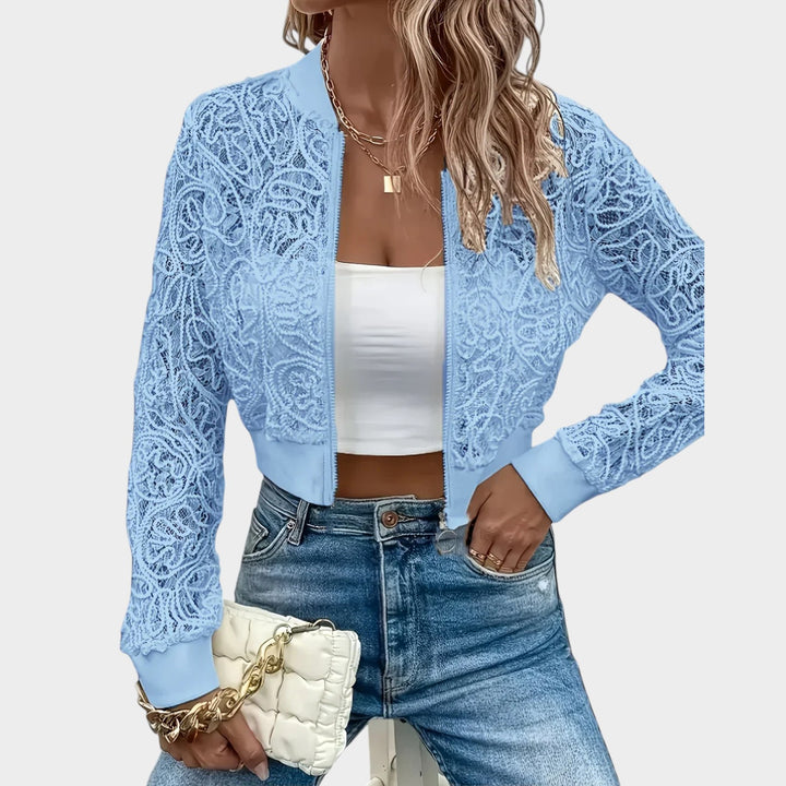 Women’s Bomber Jacket Sheer Lace Cropped Floral Design