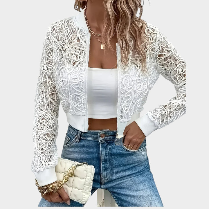 Women’s Bomber Jacket Sheer Lace Cropped Floral Design