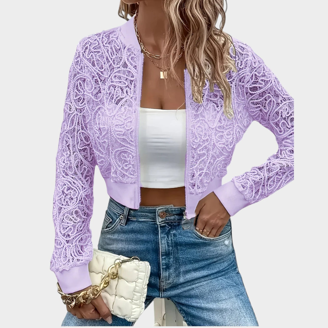 Women’s Bomber Jacket Sheer Lace Cropped Floral Design
