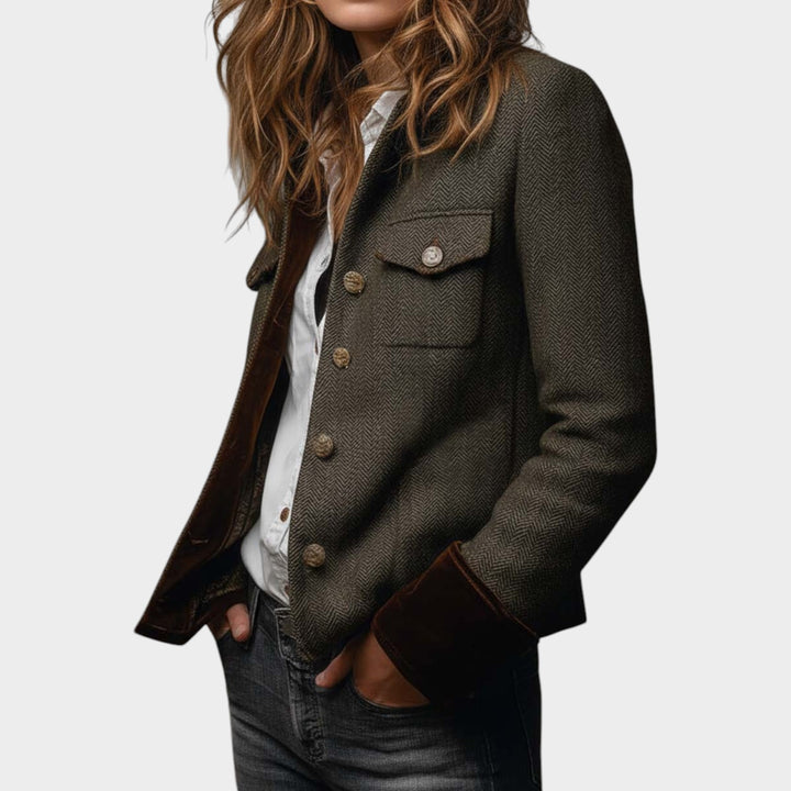 Women’s Herringbone Blazer Contrast Trim Button Front