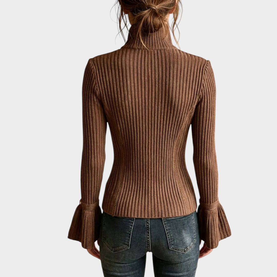 Women’s Ribbed Knit Cardigan High Collar Bell Sleeve