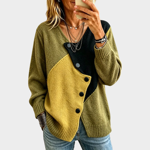 Women’s Color Block Knit Cardigan Asymmetric Button
