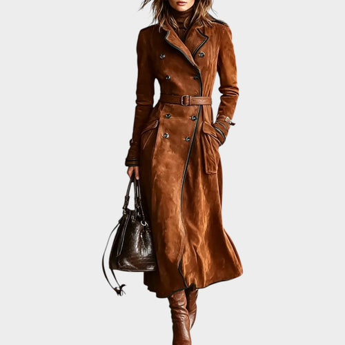 Women’s Button Front Suede Coat Longline Style