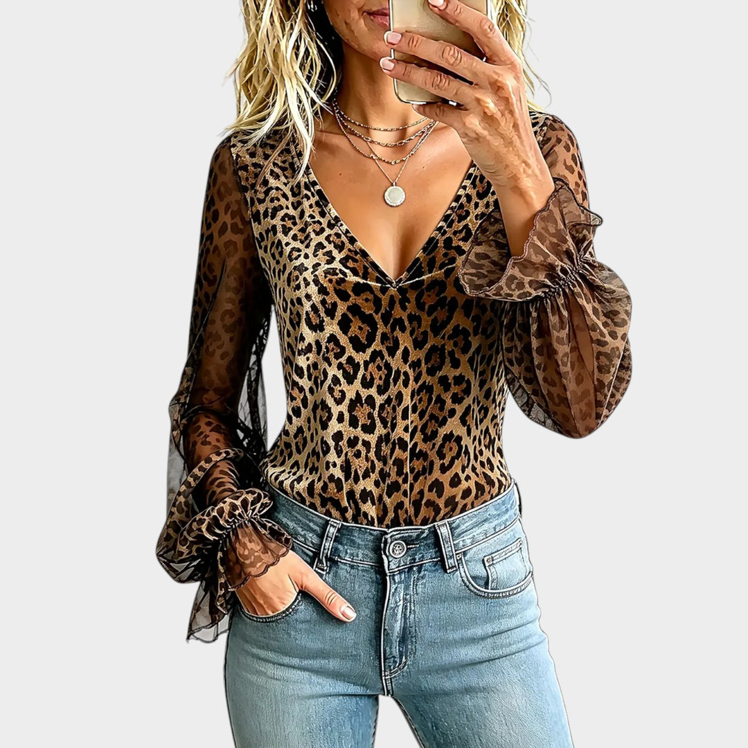 Women’s Leopard Print Blouse Sheer Chiffon Puff Sleeve