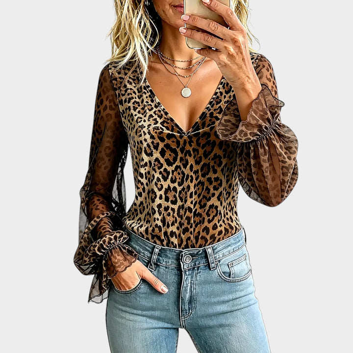 Women’s Leopard Print Blouse Sheer Chiffon Puff Sleeve