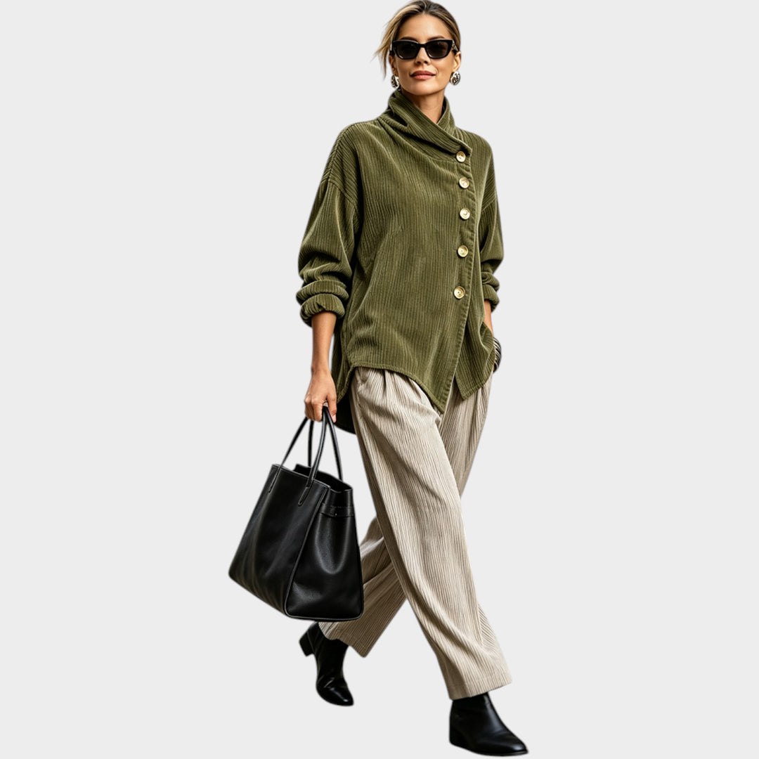 Women’s Corduroy Cardigan Top Funnel Neck Asymmetric Hem