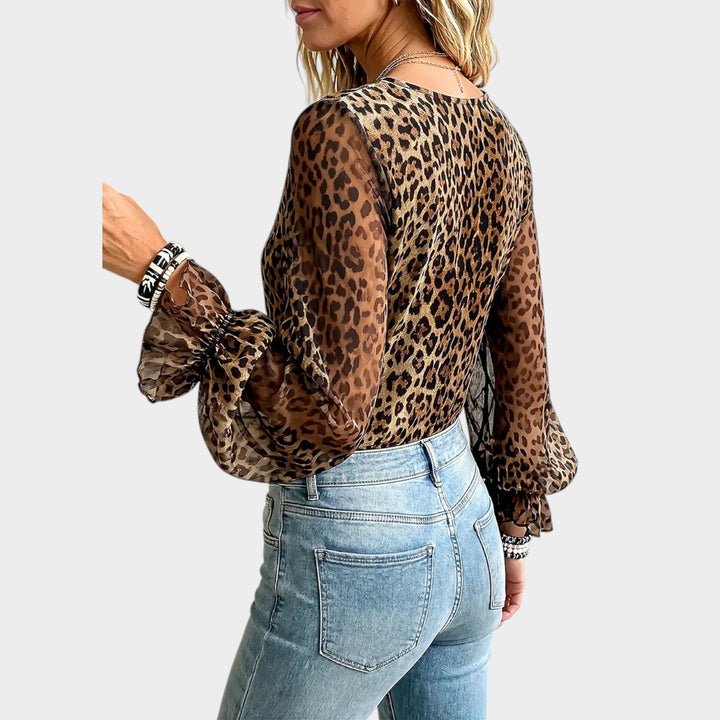 Women’s Leopard Print Blouse Sheer Chiffon Puff Sleeve