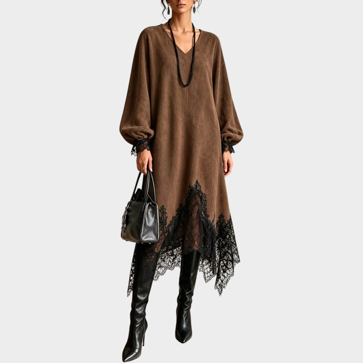 Women’s Suede Maxi Dress Lace Trim Asymmetric Hem