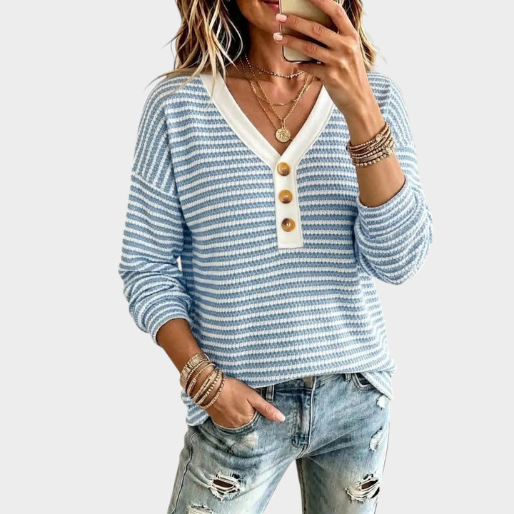Women’s Knit Sweater Retro Stripe V Neck Casual