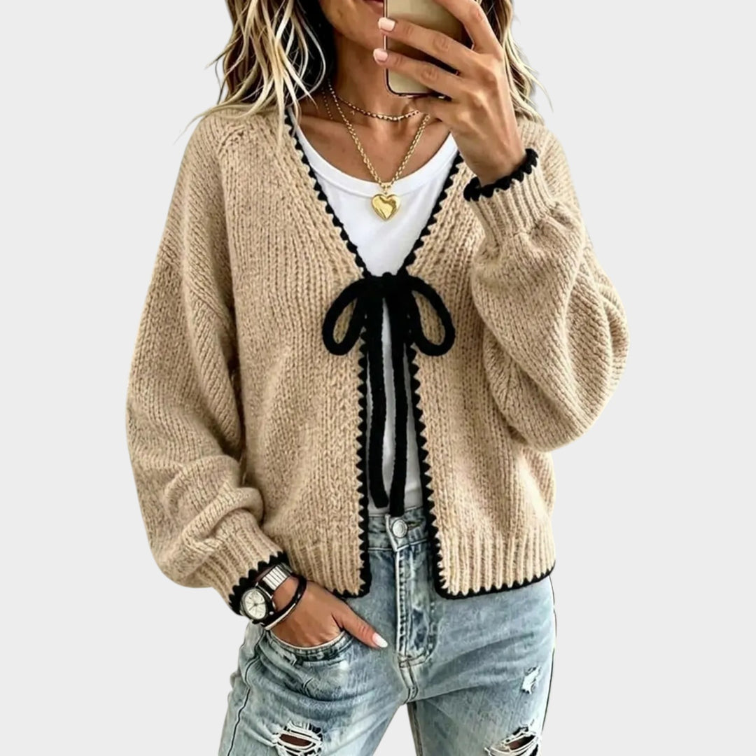 Women’s Knit Cardigan Bow Detail Contrast Trim
