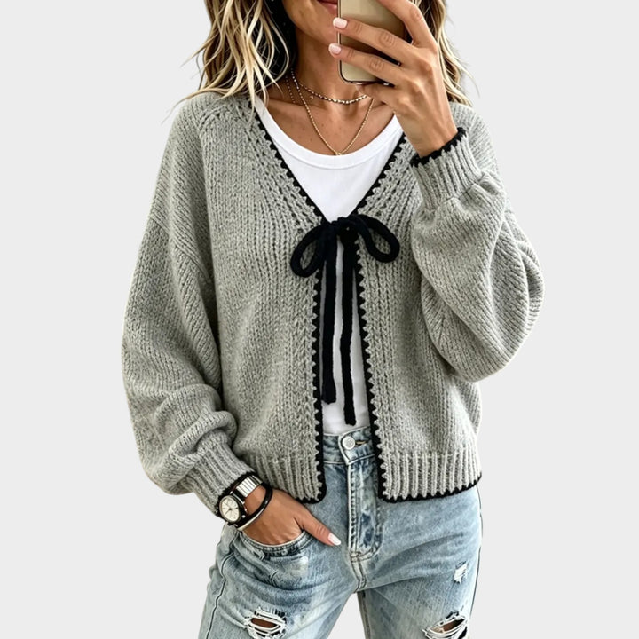 Women’s Knit Cardigan Bow Detail Contrast Trim