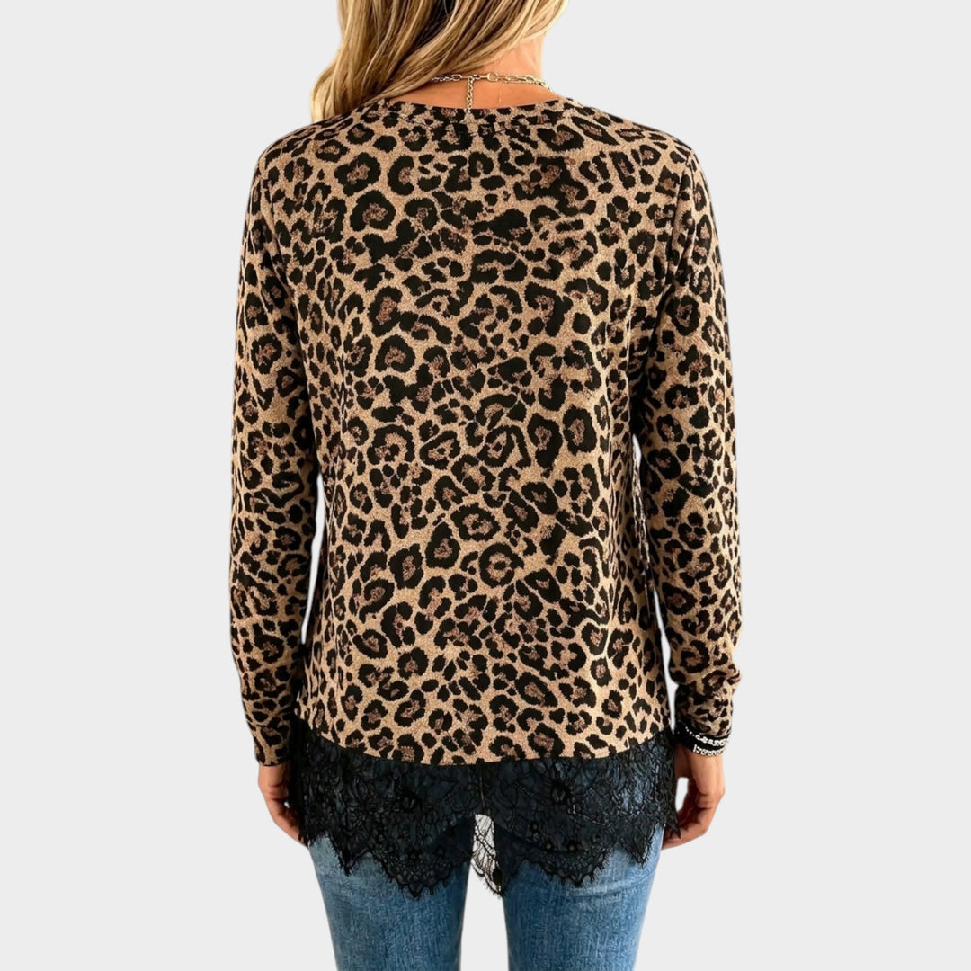 Women’s Leopard Print Sweater Eyelash Lace Trim