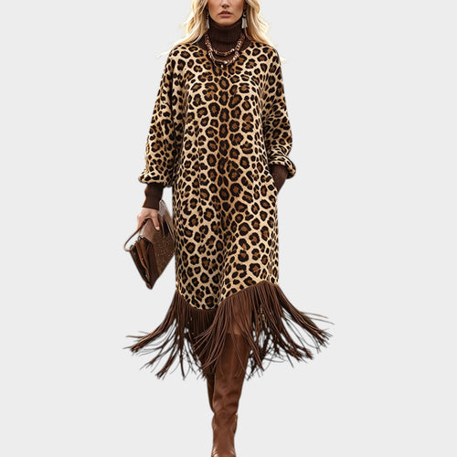 Women’s Leopard Print Dress Boho Fringe Detail