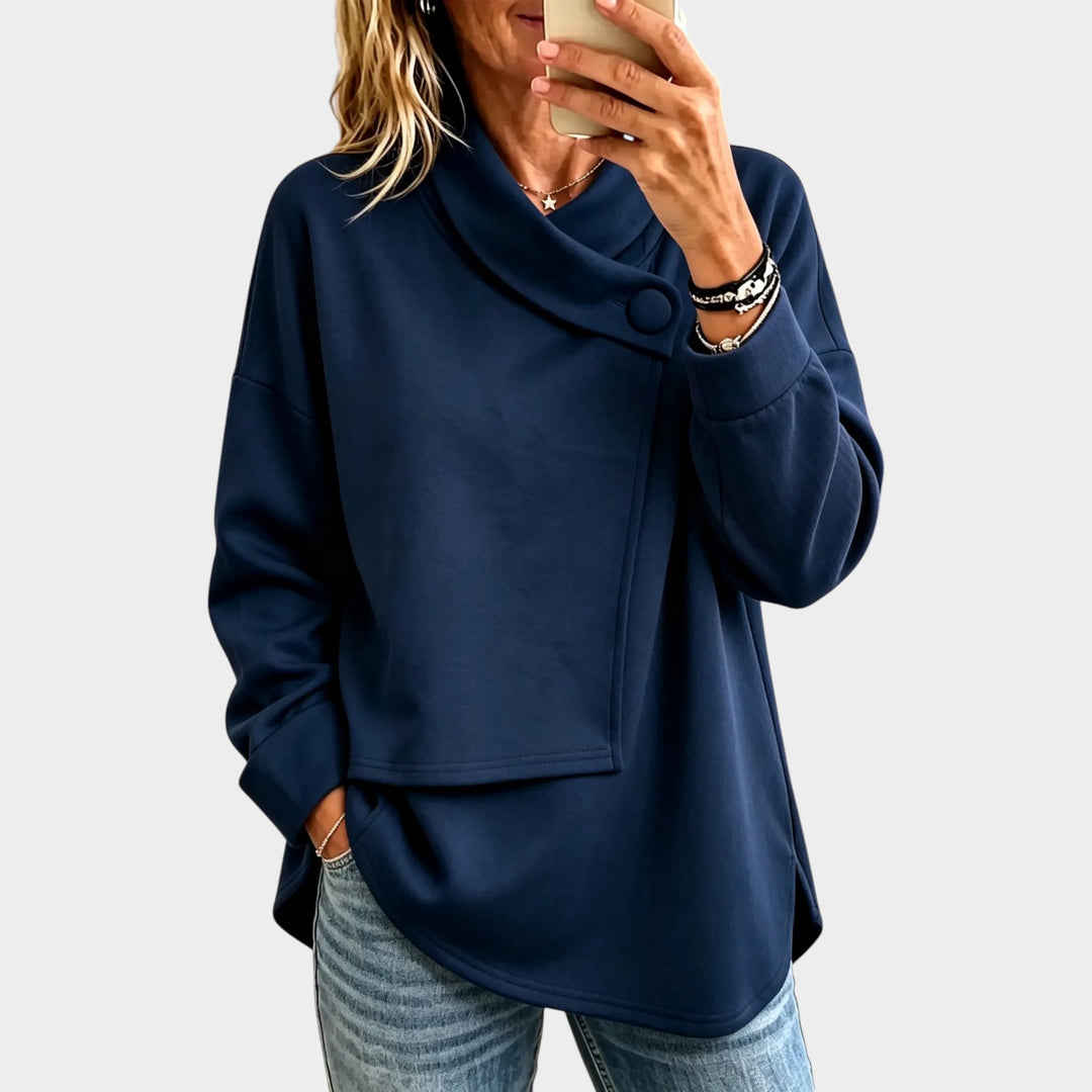 Women’s Cowl Neck Sweatshirt Asymmetric Button Wrap