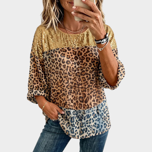 Women's Leopard Print Top Chiffon Shimmering Sequin
