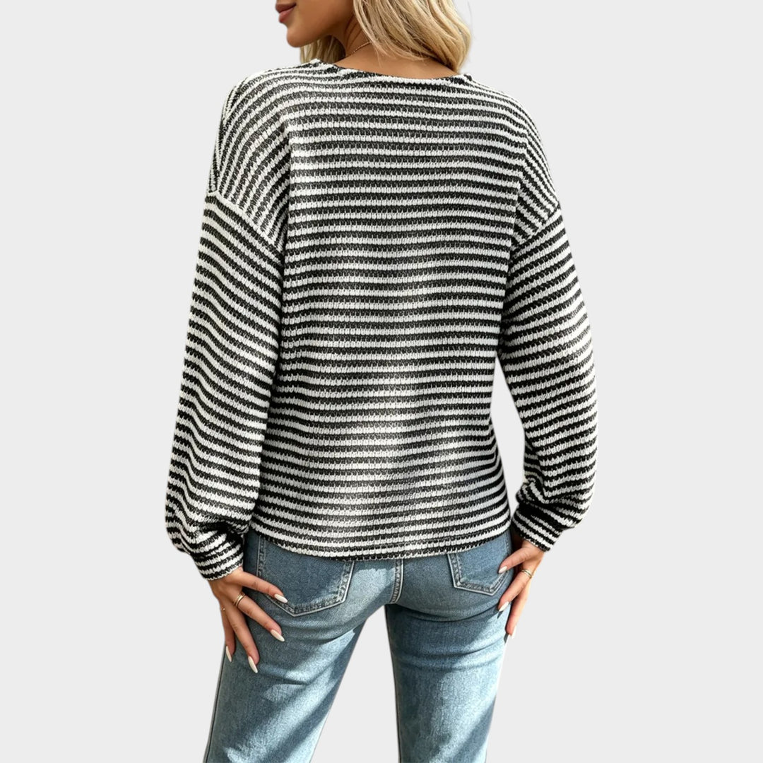 Women’s Knit Sweater Retro Stripe V Neck Casual