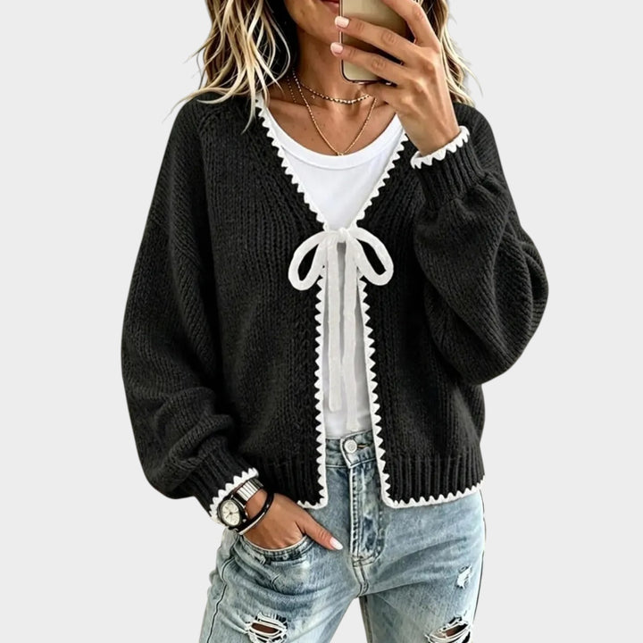 Women’s Knit Cardigan Bow Detail Contrast Trim