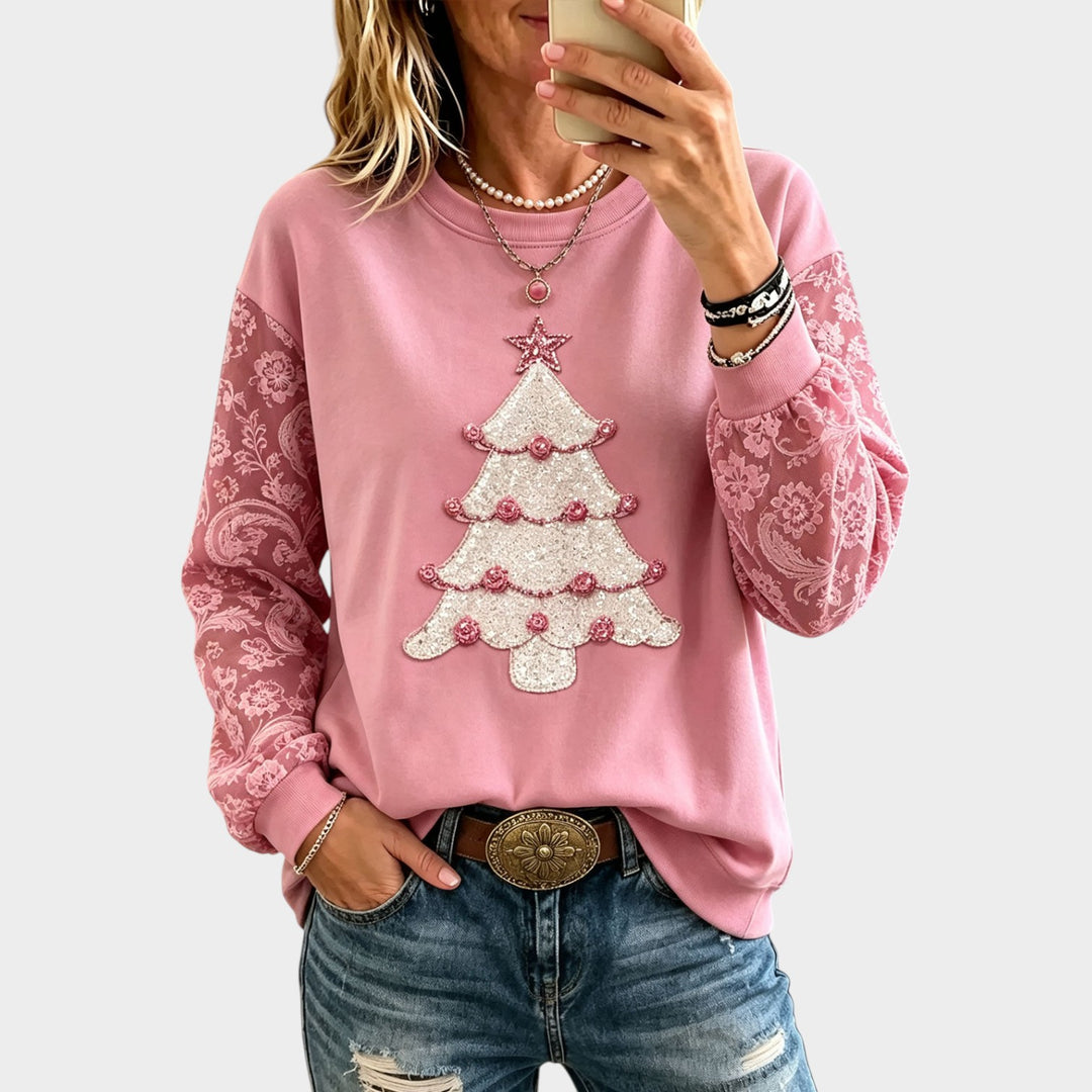 Women’s Christmas Sweatshirt Sequin Tree Lace Long Sleeve