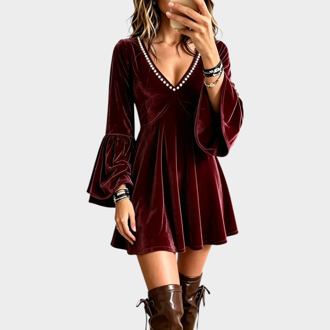 Women’s Mini Dress Velvet V Neck Pearl Detail