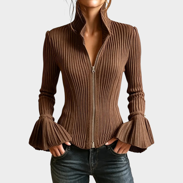 Women’s Ribbed Knit Cardigan High Collar Bell Sleeve