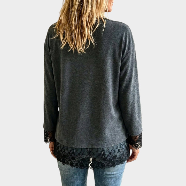 Women’s V Neck Top Eyelash Lace Trim Pullover