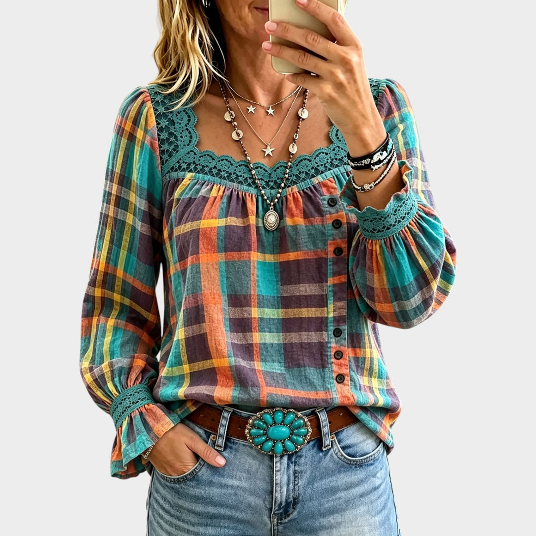 Women’s Plaid Blouse Lace Square Neck Puff Sleeve