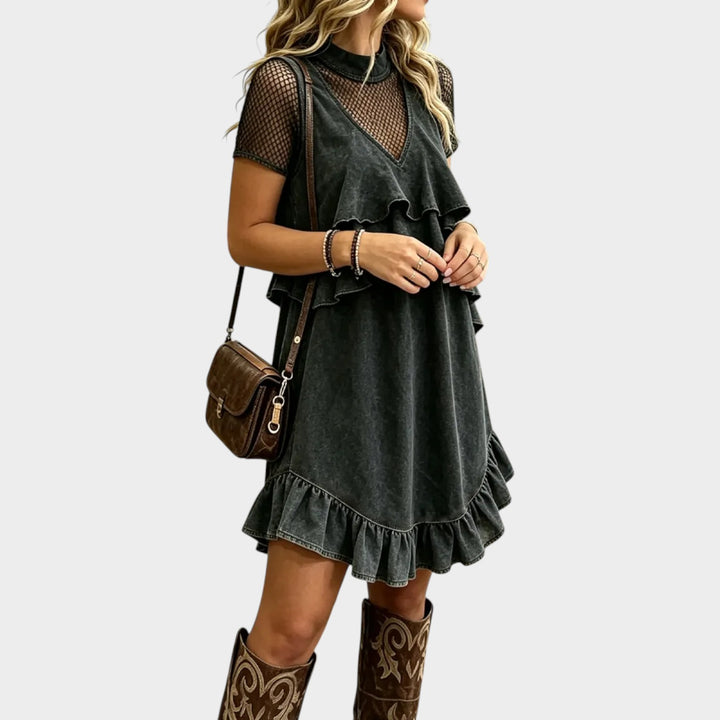 Women’s Western Denim Dress V Neck Ruffle Midi