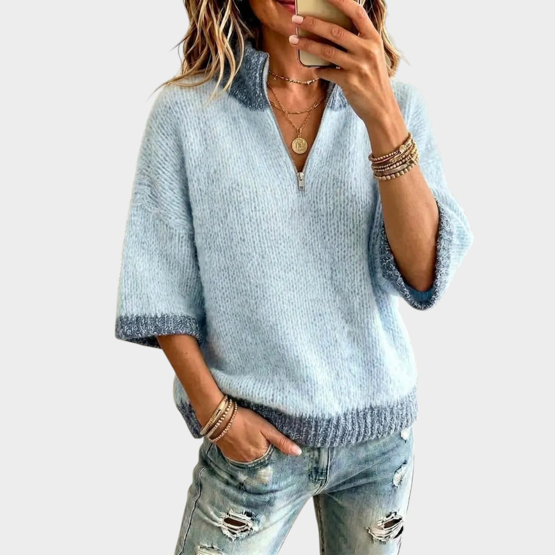 Women’s Knit Sweater Zip Stand Collar 3/4 Sleeve