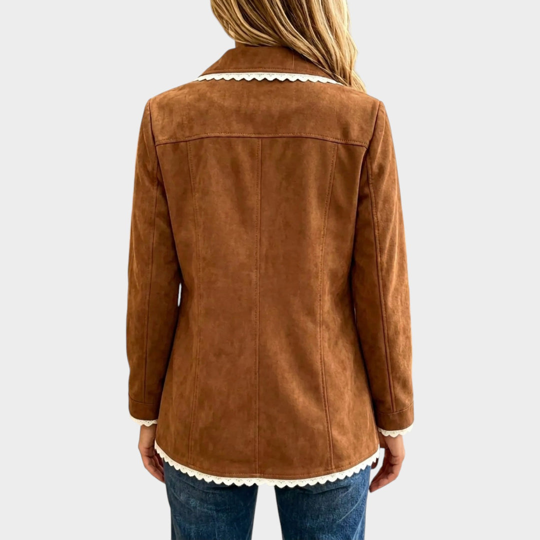 Women’s Suede Jacket Scalloped Lace Trim