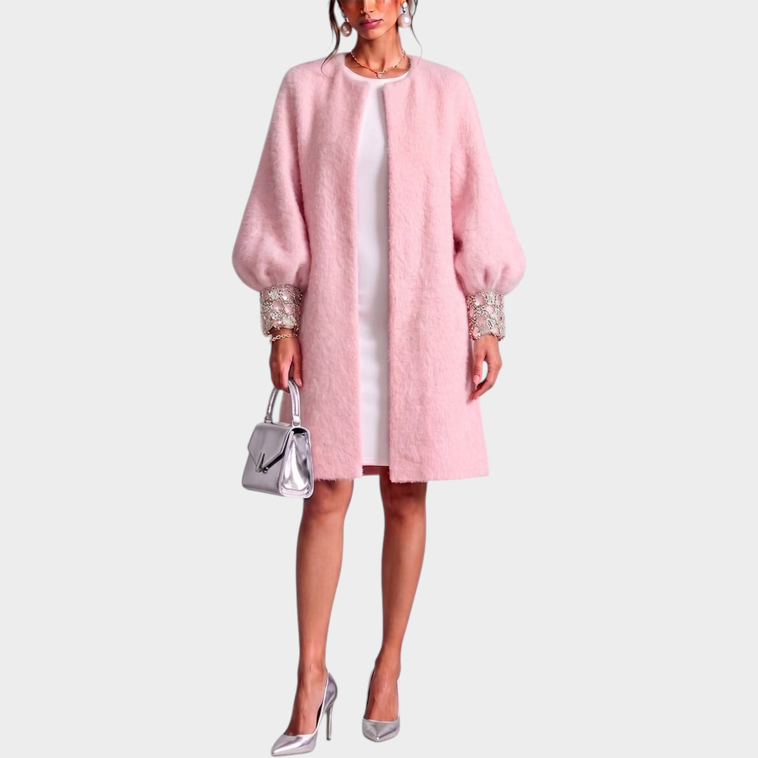 Women’s Knit Coat Open Front Balloon Sleeve Embellished Cuffs