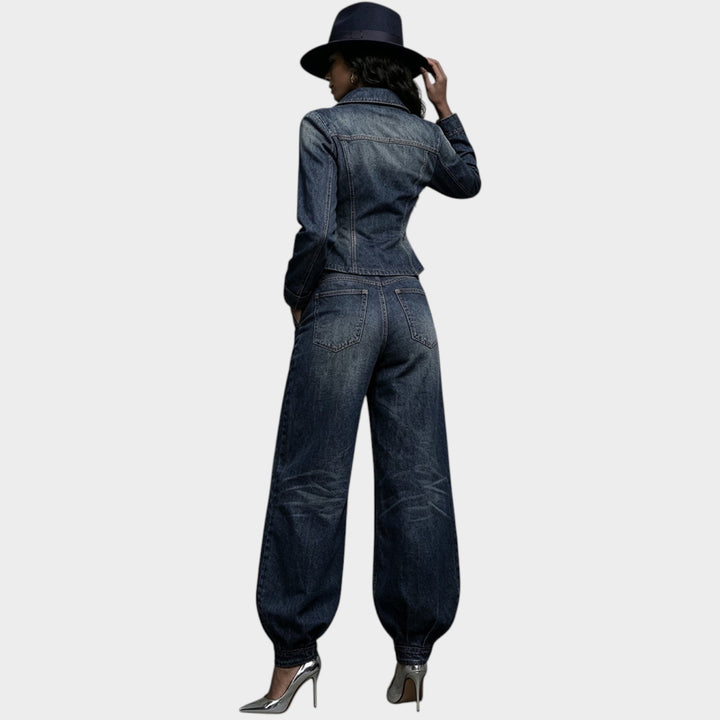 Women’s Denim Two Piece Set Cropped Blazer Balloon Pants