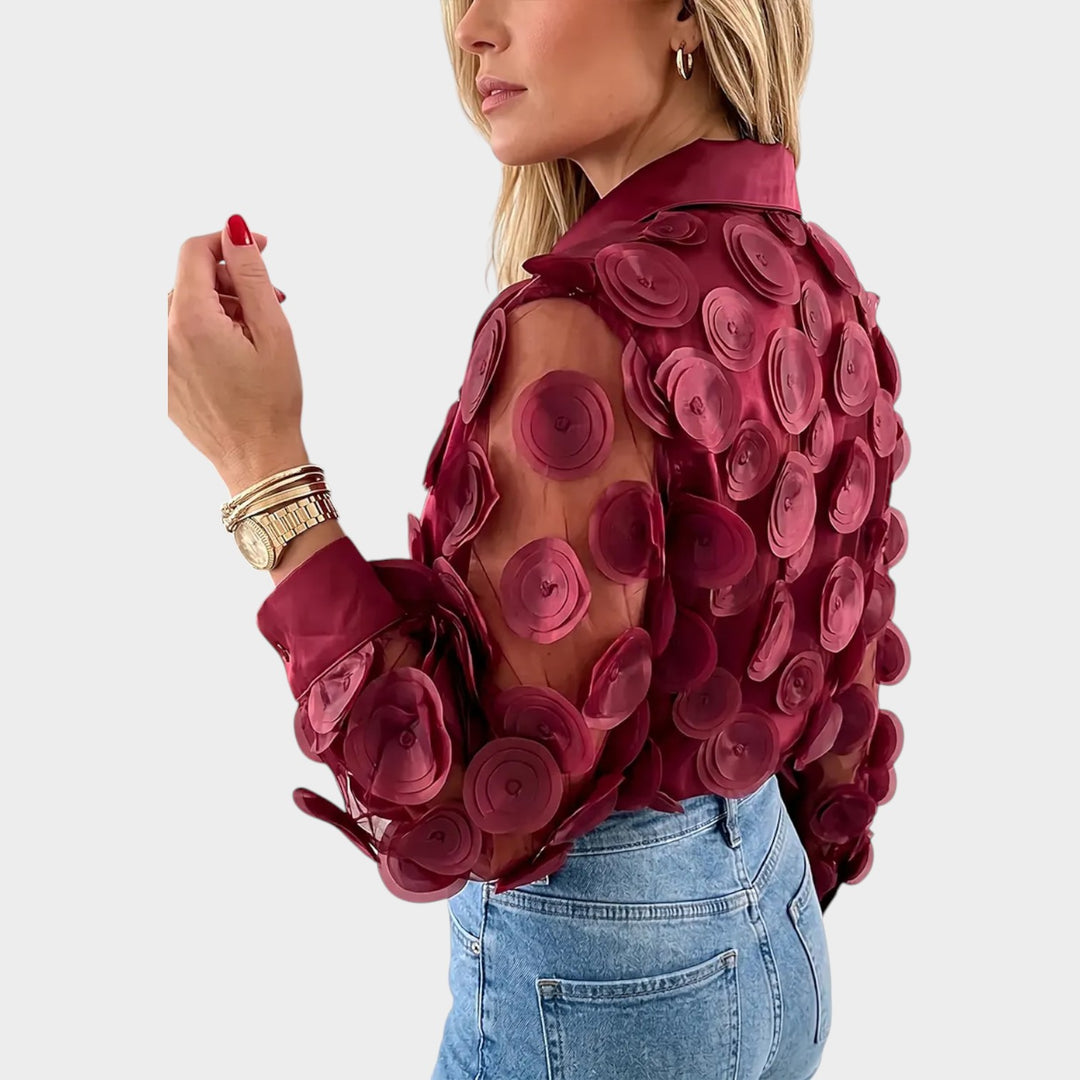 Women’s Sheer Embroidered Blouse Elegant Long Sleeve