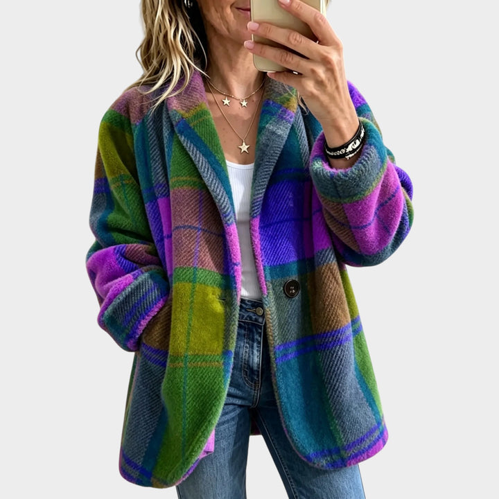 Women’s Plaid Coat Button Front Pockets Long Sleeve